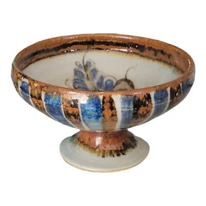 Mexican Folk Art Pottery Signed Pedestal Bowl w/ Painted Butterfly Floral Motif - Picture 1 of 9
