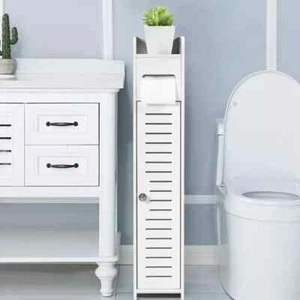 Wooden White Free Standing Toilet Paper Roll Holder Bathroom Storage Cabinet UK - Picture 1 of 10