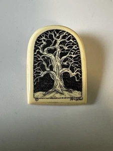 Vintage K McClelland Scrimshaw Tree of Life  Brooch Pin, Resin Signed MCM - Picture 1 of 2