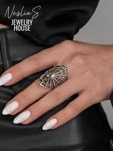 Gothic Spinnennetz Ring, Verstellbarer Antik Silber Statement Ring für Frauen - Picture 1 of 9