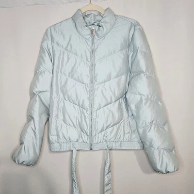 Jaqueta acolchoada BCBGeneration casaco bombardeiro amarrar cintura azul claro grande - Imagem 1 de 4