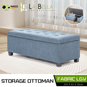 Storage Ottoman Blanket Box Linen Fabric Foot Stool Couch Bed LIGHT GREY BLUE - Picture 1 of 12