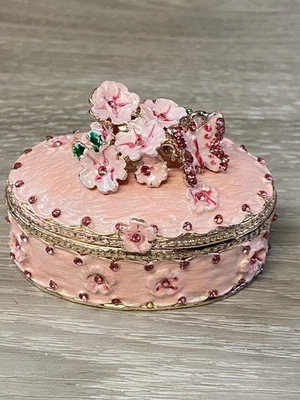 Beautiful Pink Gold Oval Trinket Keepsake Box Enamel Floral w/ Butterfly Jeweled - Image 1 of 4