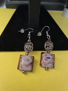 Vtg Filigree Copper Square Glass Colorful Pink Dangle Earrings - Picture 1 of 3