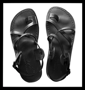 Black Leather Roman Gladiator Jesus Sandals Strap Handmade US (5-16) EU (36-50) - Picture 1 of 4