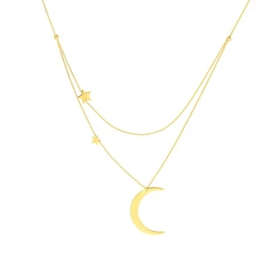 14K Solid Yellow Gold Crescent Moon&Stars DUO Adjustable Necklace 18”/3.25 grams - Image 1 of 4