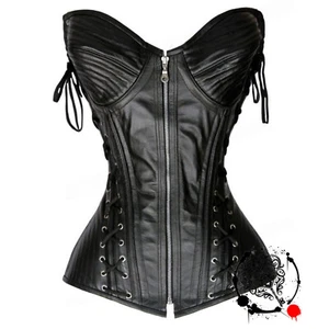 Women's Gothic Black Real Leather Overbust Corset - Heavy Duty Steel Boned - Picture 1 of 2