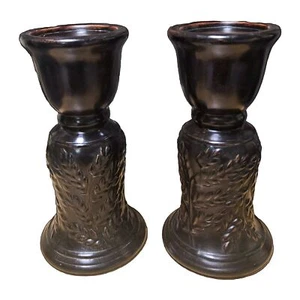 Set of 2 Resin Pillar Candle Holders 10"Tall Dk Brown, Holds Candle up to 3.25"W - Picture 1 of 13