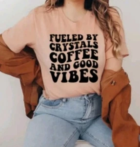 Fueled By Crystals , Coffee & Good Vibes Women's Boho T-Shirt Sz. M - Picture 1 of 6