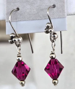 Vintage Fuchsia Double Cone Crystal Bead Dangle Silver Pierced Earrings 1-1/4" - Picture 1 of 7