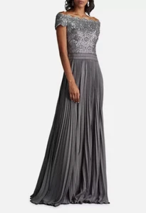 Tadashi Shoji Off the Shoulder Sequin Lace Pleated Gown Dress Sz 8 $620 C*1501 - Picture 1 of 5