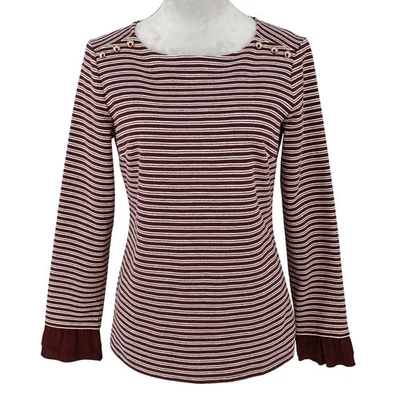 Talbots Top Womens Small Burgundy White Stretch Knit Lace Ruffle Trim T-shirt - Image 1 of 4