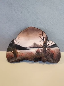Hand Painted Tree Burl Conk Fungus Primitive Folk Art Painting Lake Nature Scene - Bild 1 von 8