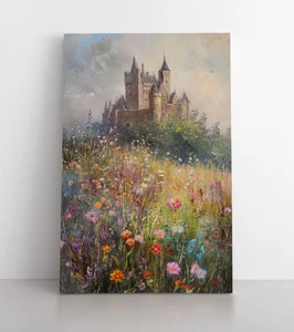 Impresión de pintura medieval de flores silvestres de castillo majestuoso, arte de pared en lienzo enmarcado - Imagen 1 de 15