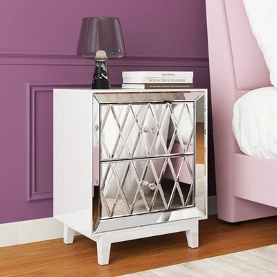 Nightstand Mirrored, White Night Stand with 2 Drawers, Silver End Table, mesa... - Image 1 of 4