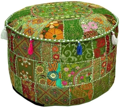 Indian Handmade Green Vintage Pouf Cover Ottoman Patchwork Embroidered Stool - Image 1 of 3