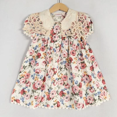 Vtg Allison Rose Dress Girls 2T Multicolor Floral Lace Trim Hand Embroidered - Image 1 of 4