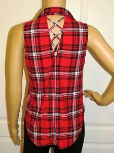 Women's XS NoBo Sleeveless Red/Black Plaid Criss-Cross V-Back Button-Down Shirt - Picture 1 of 11