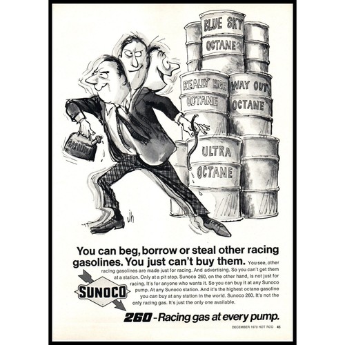1970 Sunoco 260 Racing Gas Vintage Print Ad Oil Barrels Cartoon Thief ...