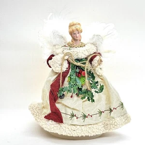 RUSTIC CHRISTMAS TREE TOPPER ANGEL FIGURINE RED WHITE HOLLY IVY FEATHERS 12" - Picture 1 of 5
