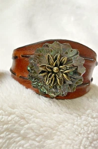 Fossil Brown Cuff Leather Bracelet Flower Whipstitch - Picture 1 of 4