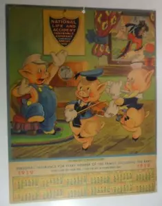 WSM RADIO WALT DISNEY 1939 CALENDAR ADVERTISMENT SIGN DISPLAY THREE LITTLE PIGS - Picture 1 of 8