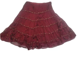 Vintage ICE  100% Silk Skirt Peasant Burgundy Lined LARGE  Gold Thread Accents - Picture 1 of 12