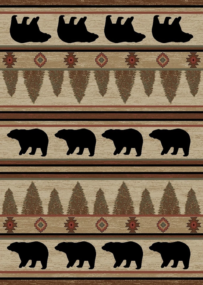 Appalachian Area Rug Runner Lodge Cabin Bear Paw Black Brown Beige Matching Set - Image 1 of 1