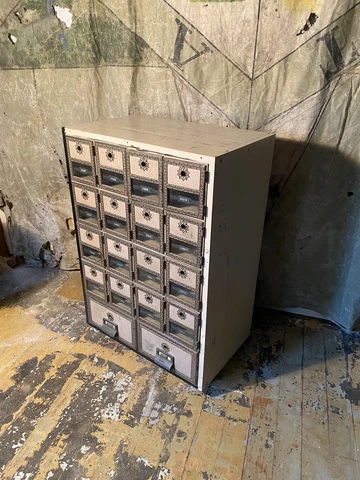 1930s Post Office Box Cabinet Apothecary Industrial Office Kitchen Multi Drawer Cover
