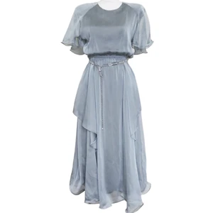 Vtg 1980s Spencer Alexis Silver Gray Chiffon Layered Dress Size 4 Lettuce Hem - Picture 1 of 7