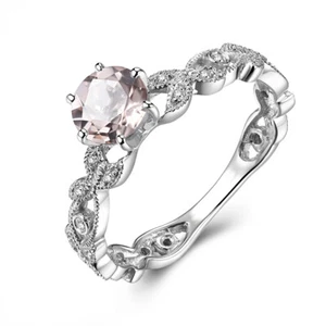 Solid 18K White Gold Diamonds Gemstone Ring Round Cut 6mm Morganite Fine Jewelry - Picture 1 of 9