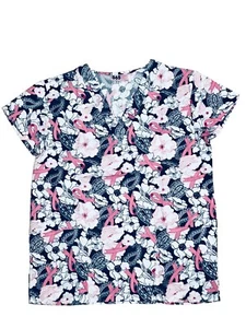 Womens Fashion Medical Nursing Scrub Print Tops White Pink Flower Ribbon S - Picture 1 of 2