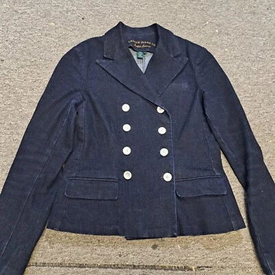 Lauren Jeans Co Sz M  Double-Breast Crest Logo Button StretchCotton Denim Blazer - Image 1 of 4
