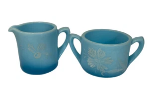 Fenton Persian blue glass creamer & Open Sugar Set Hand Painted Flower 1915 Rare - Picture 1 of 10