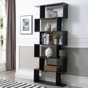 Black Christies Home Living 6 Tier Modern Staggered 6-Shelf Luke Bookcase - Picture 1 of 4