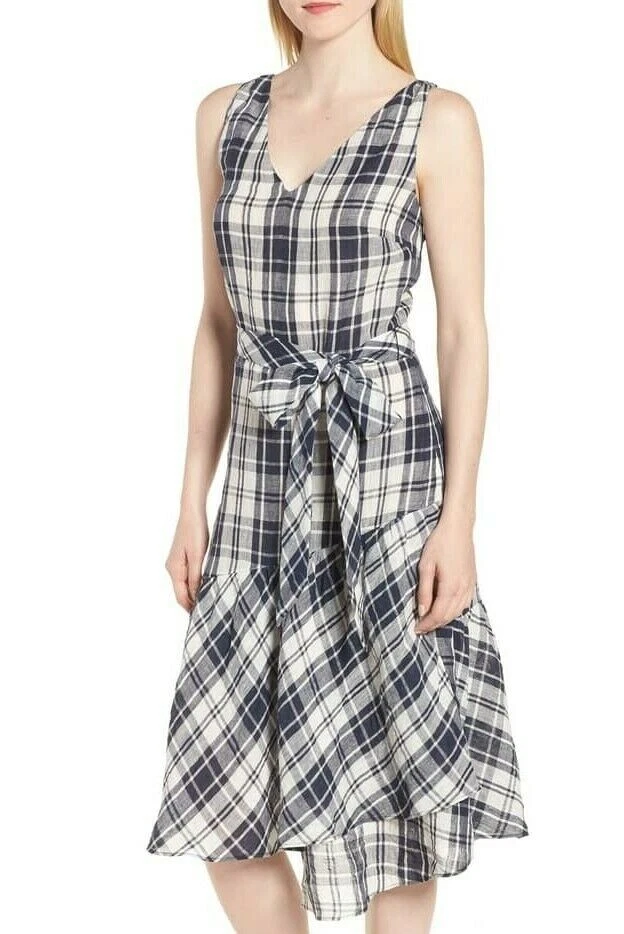 Nordstrom Signature Women's Faux Wrap Plaid Navy and White Linen Dress Sz 4