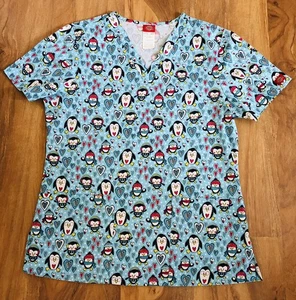 Dickies Blue Penguin Hearts 100% Cotton Nursing Scrub Top Women Size Medium - Picture 1 of 8