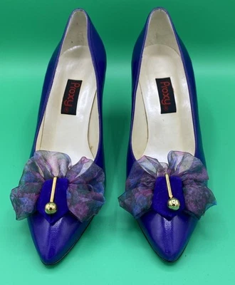 PROXY Spain Blue Leather Bow Pointed Slim Heels Pumps Toe Cleavage - Image 1 of 4