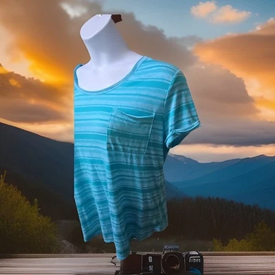 ВЫЦВЕТШАЯ СЛАВА бирюзовая горизонтальная полоса футболка туника вискозная смесь XL (16/18) - Изображение 1 из 4