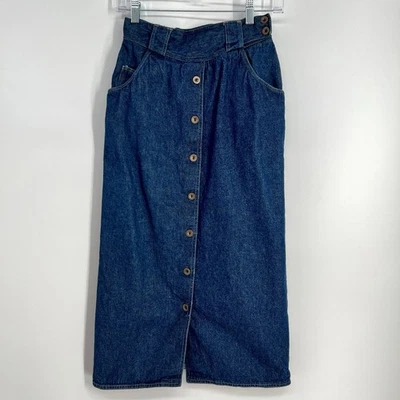 Falda midi vaquera vintage Sasson pequeña talla 8 lavado oscuro botones bolsillos delanteros LEER Foto 1 de 4