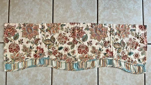 WAVERLY Jacobean Cream Burgundy Turquoise TWO Valances Scalloped Striped Edges - Picture 1 of 5