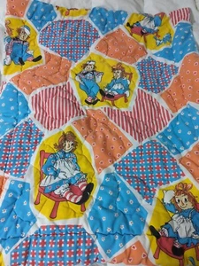 Vintage Raggedly Ann Andy patchwork baby crib blanket quilt red orange blue FLAW - Picture 1 of 13