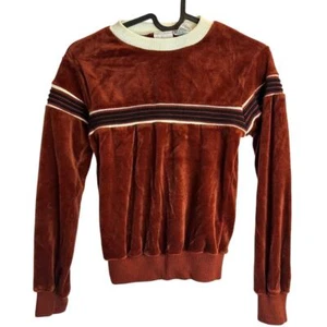 Vintage Y2k Velour Sweater Kids M 12/14 Brown Disco Striped Long Sleeve Pullover - Picture 1 of 7