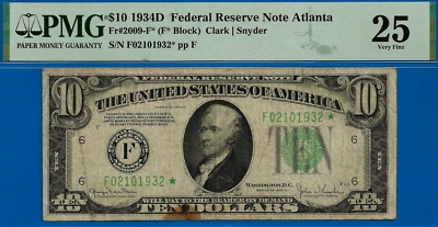 1934D $10 Federal Reserve Note PMG 25 rare 7 known Atlanta star Fr 2009-F* - Image 1 of 3