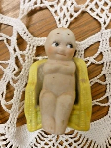 Antique 2 1/4" Kewpie in a yellow & White Wicker Chair (Time Out)??, Blue Wings  - Picture 1 of 5