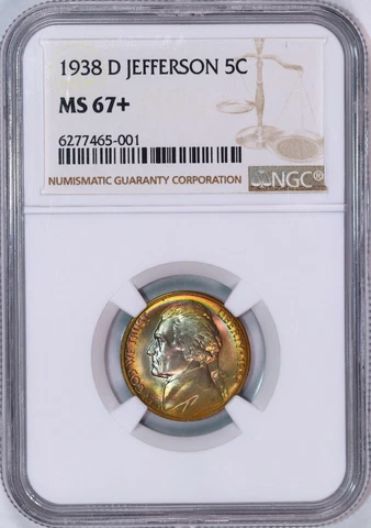 1938-D Jefferson Nickel | NGC MS67+ | Neon Rainbow Toning | Close to Top Pop Cover