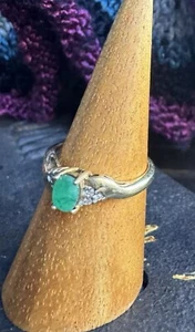 10K Yellow Gold Green Emerald Diamond Ring Gemstone Band - Picture 1 of 6