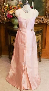 VINTAGE 60S SILK SHANTUNG JEWELED RHINESTONE FAUX PEARLS BRAID PINK EVENING GOWN - Picture 1 of 10