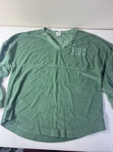 Victoria's Secret PINK Varsity Terry V-Neck Sweatshirt Top Green Oversized Med. - Picture 1 of 10