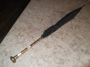 Antique Victorian Brass & Mother Of Pearl Complete Black Mourning Parasol - Picture 1 of 8